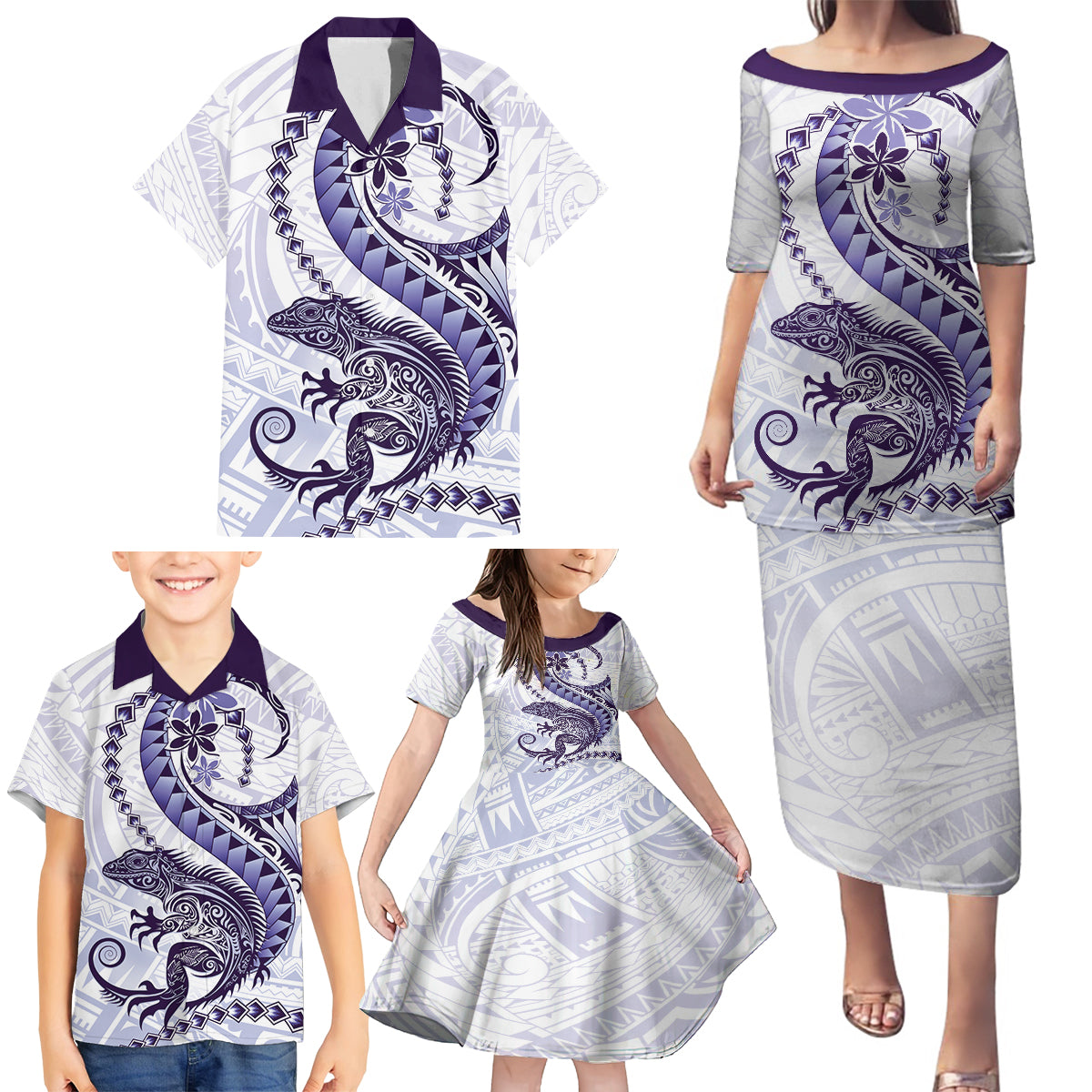 Purple Maori Tuatara Family Matching Puletasi and Hawaiian Shirt Luxury Pastel Pattern LT01 - Polynesian Pride