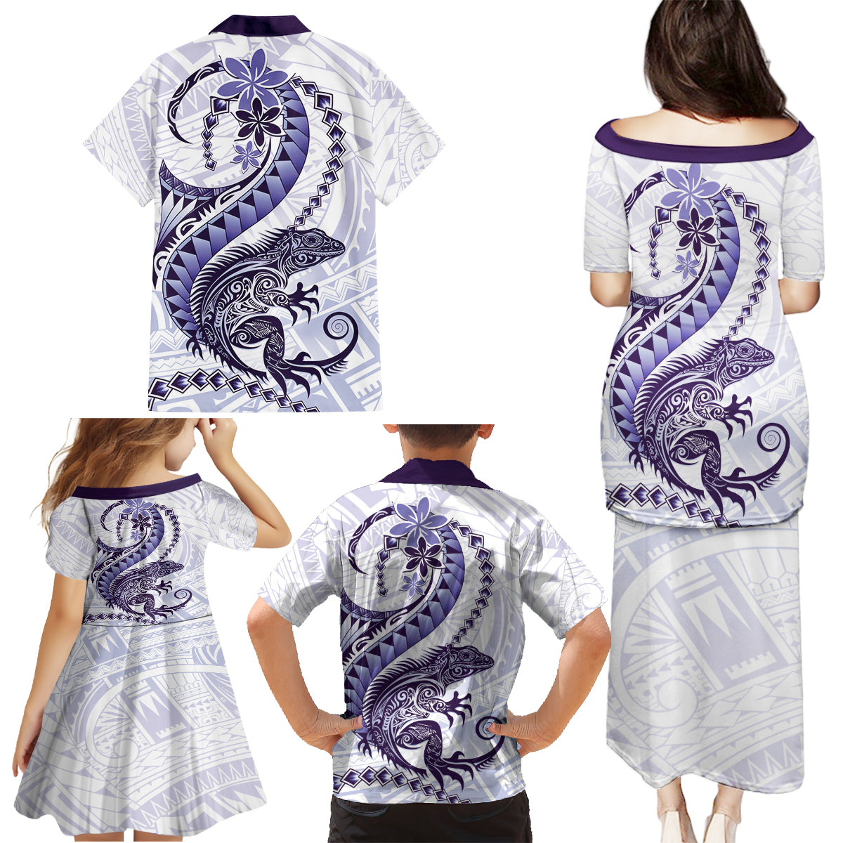 Purple Maori Tuatara Family Matching Puletasi and Hawaiian Shirt Luxury Pastel Pattern LT01 - Polynesian Pride