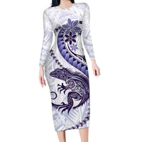 Purple Maori Tuatara Long Sleeve Bodycon Dress Luxury Pastel Pattern LT01 Long Dress Purple - Polynesian Pride