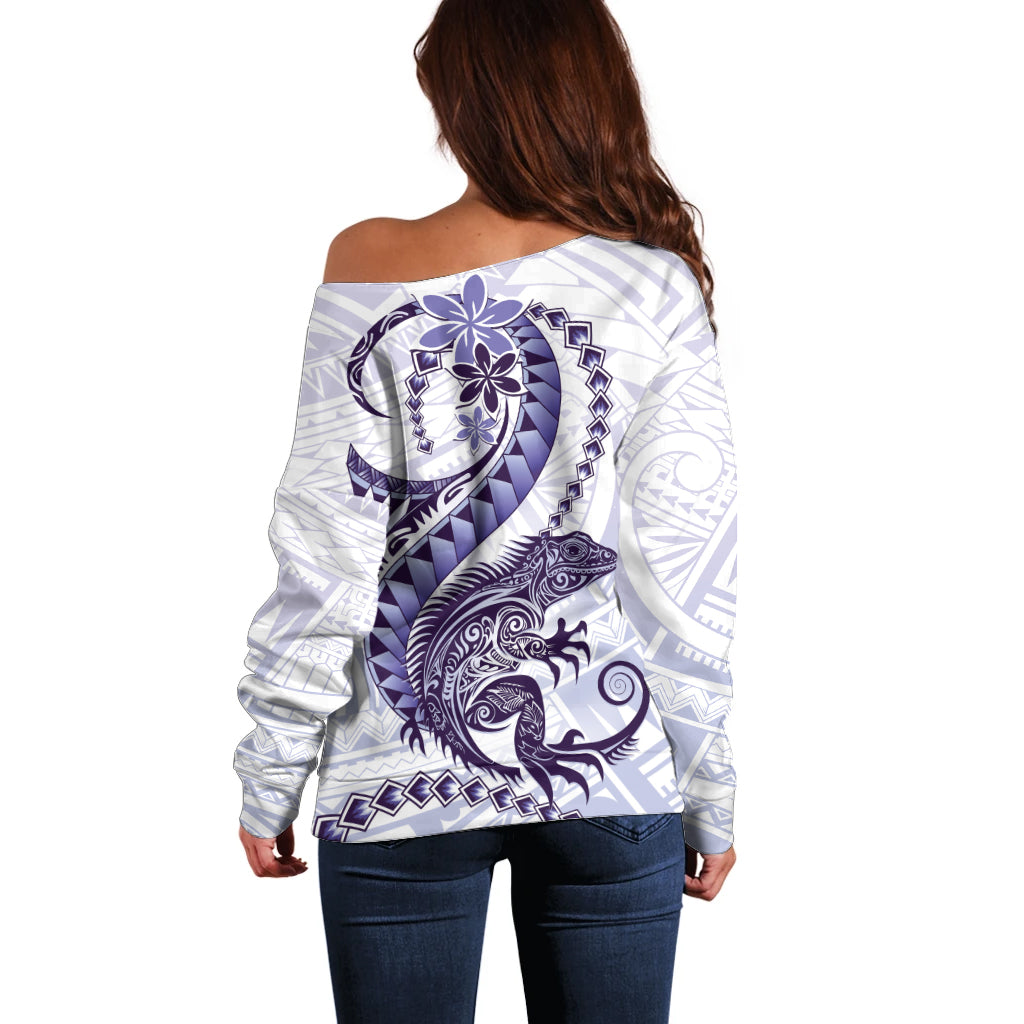 Purple Maori Tuatara Off Shoulder Sweater Luxury Pastel Pattern