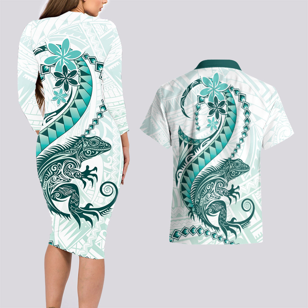 Teal Maori Tuatara Couples Matching Long Sleeve Bodycon Dress and Hawaiian Shirt Luxury Pastel Pattern