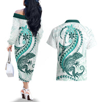 Teal Maori Tuatara Couples Matching Off The Shoulder Long Sleeve Dress and Hawaiian Shirt Luxury Pastel Pattern