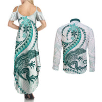 Teal Maori Tuatara Couples Matching Summer Maxi Dress and Long Sleeve Button Shirt Luxury Pastel Pattern LT01 - Polynesian Pride