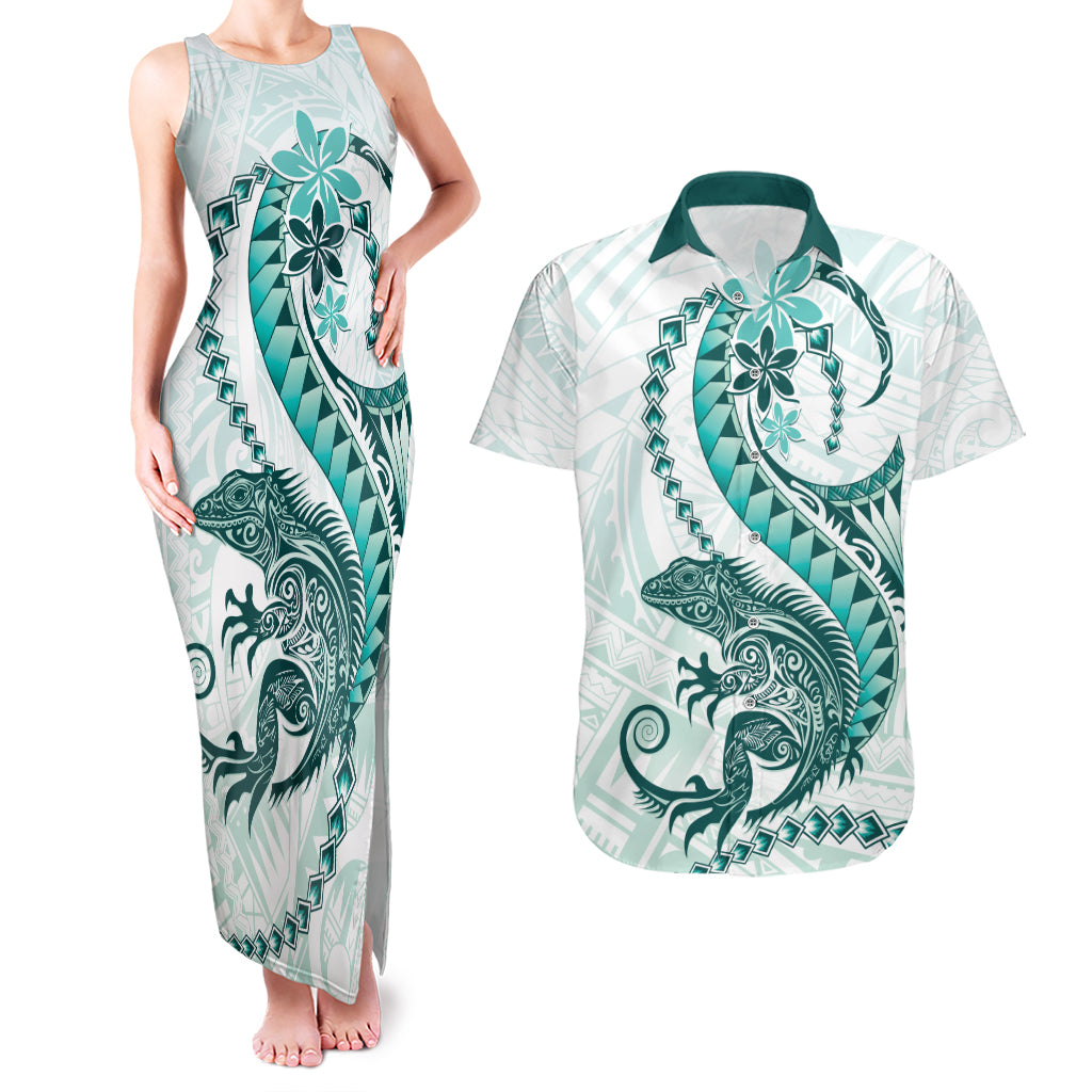 Teal Maori Tuatara Couples Matching Tank Maxi Dress and Hawaiian Shirt Luxury Pastel Pattern