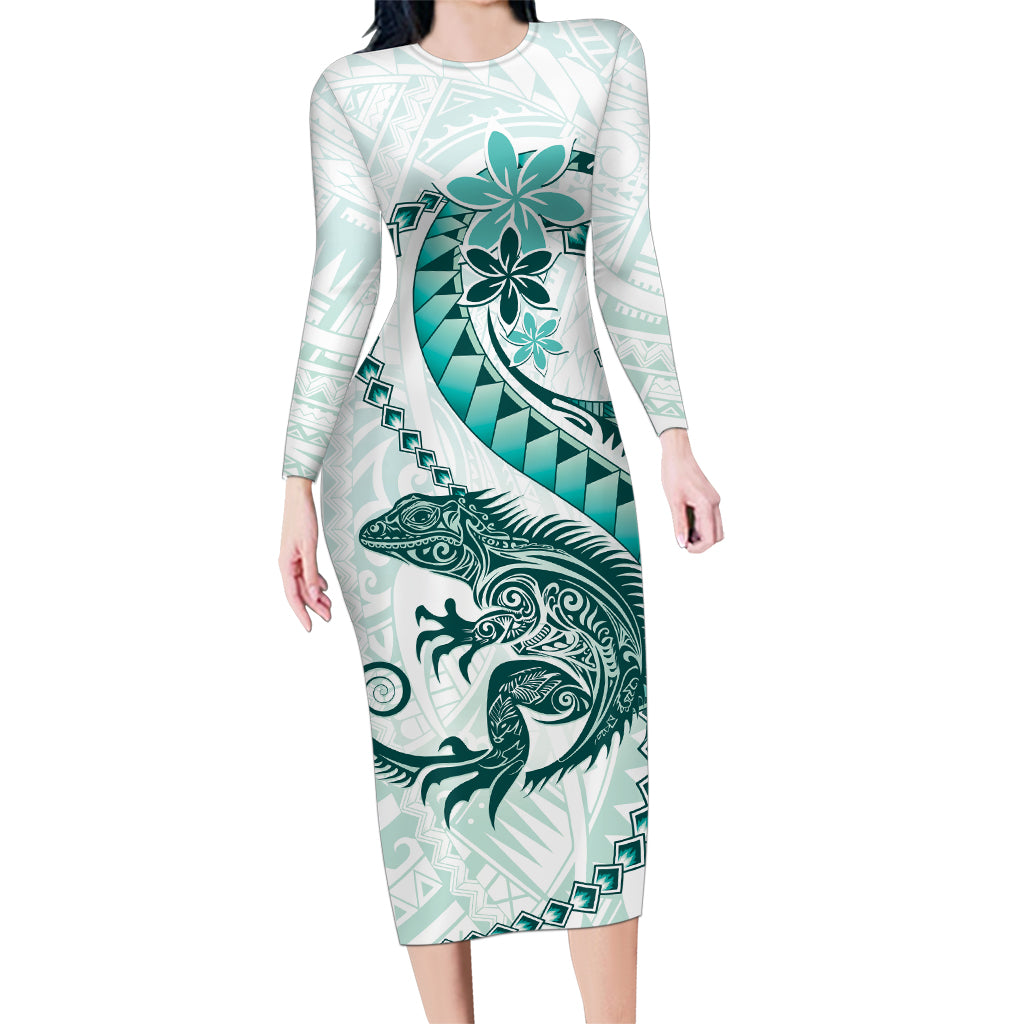 Teal Maori Tuatara Family Matching Long Sleeve Bodycon Dress and Hawaiian Shirt Luxury Pastel Pattern LT01 Mom's Dress Teal - Polynesian Pride