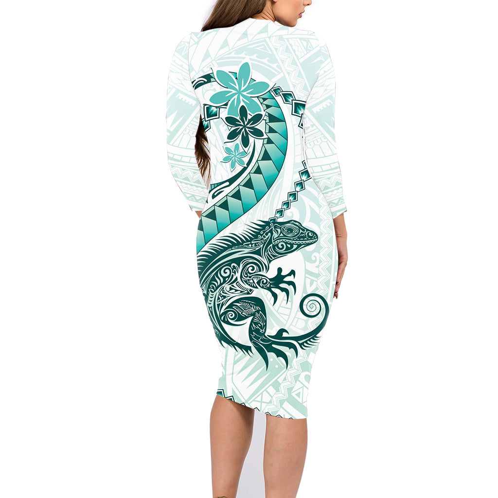 Teal Maori Tuatara Family Matching Long Sleeve Bodycon Dress and Hawaiian Shirt Luxury Pastel Pattern LT01 - Polynesian Pride