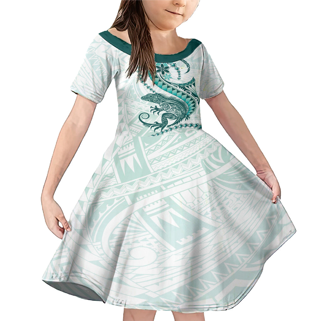 Teal Maori Tuatara Family Matching Mermaid Dress and Hawaiian Shirt Luxury Pastel Pattern LT01 Daughter's Dress Teal - Polynesian Pride