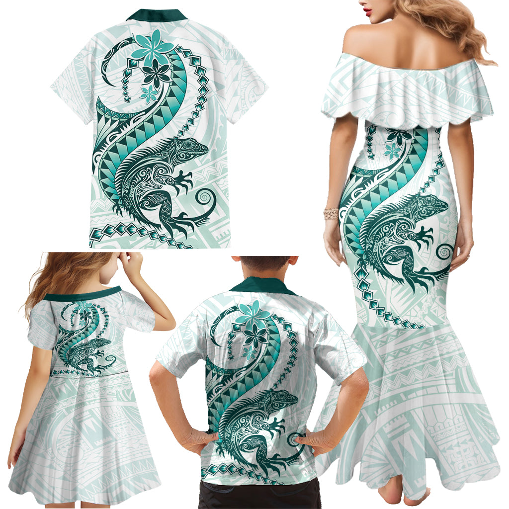 Teal Maori Tuatara Family Matching Mermaid Dress and Hawaiian Shirt Luxury Pastel Pattern LT01 - Polynesian Pride