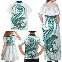 Teal Maori Tuatara Family Matching Off Shoulder Maxi Dress and Hawaiian Shirt Luxury Pastel Pattern LT01 - Polynesian Pride