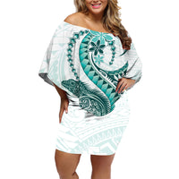 Teal Maori Tuatara Family Matching Off Shoulder Short Dress and Hawaiian Shirt Luxury Pastel Pattern LT01 Mom's Dress Teal - Polynesian Pride