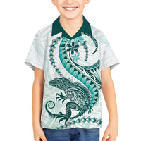Teal Maori Tuatara Family Matching Off Shoulder Short Dress and Hawaiian Shirt Luxury Pastel Pattern LT01 Son's Shirt Teal - Polynesian Pride