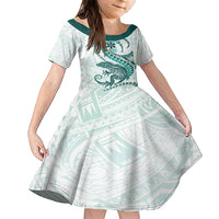 Teal Maori Tuatara Family Matching Short Sleeve Bodycon Dress and Hawaiian Shirt Luxury Pastel Pattern LT01 Daughter's Dress Teal - Polynesian Pride