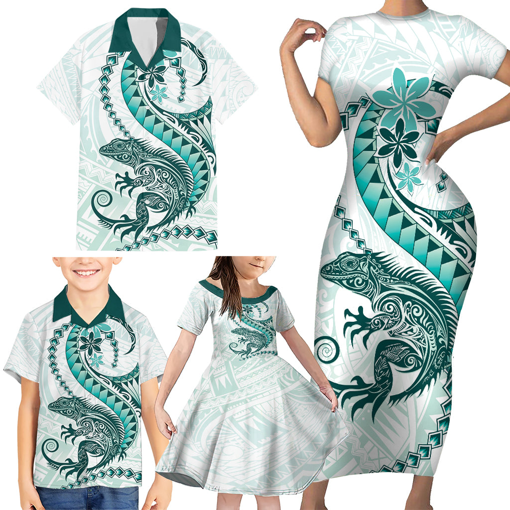 Teal Maori Tuatara Family Matching Short Sleeve Bodycon Dress and Hawaiian Shirt Luxury Pastel Pattern LT01 - Polynesian Pride