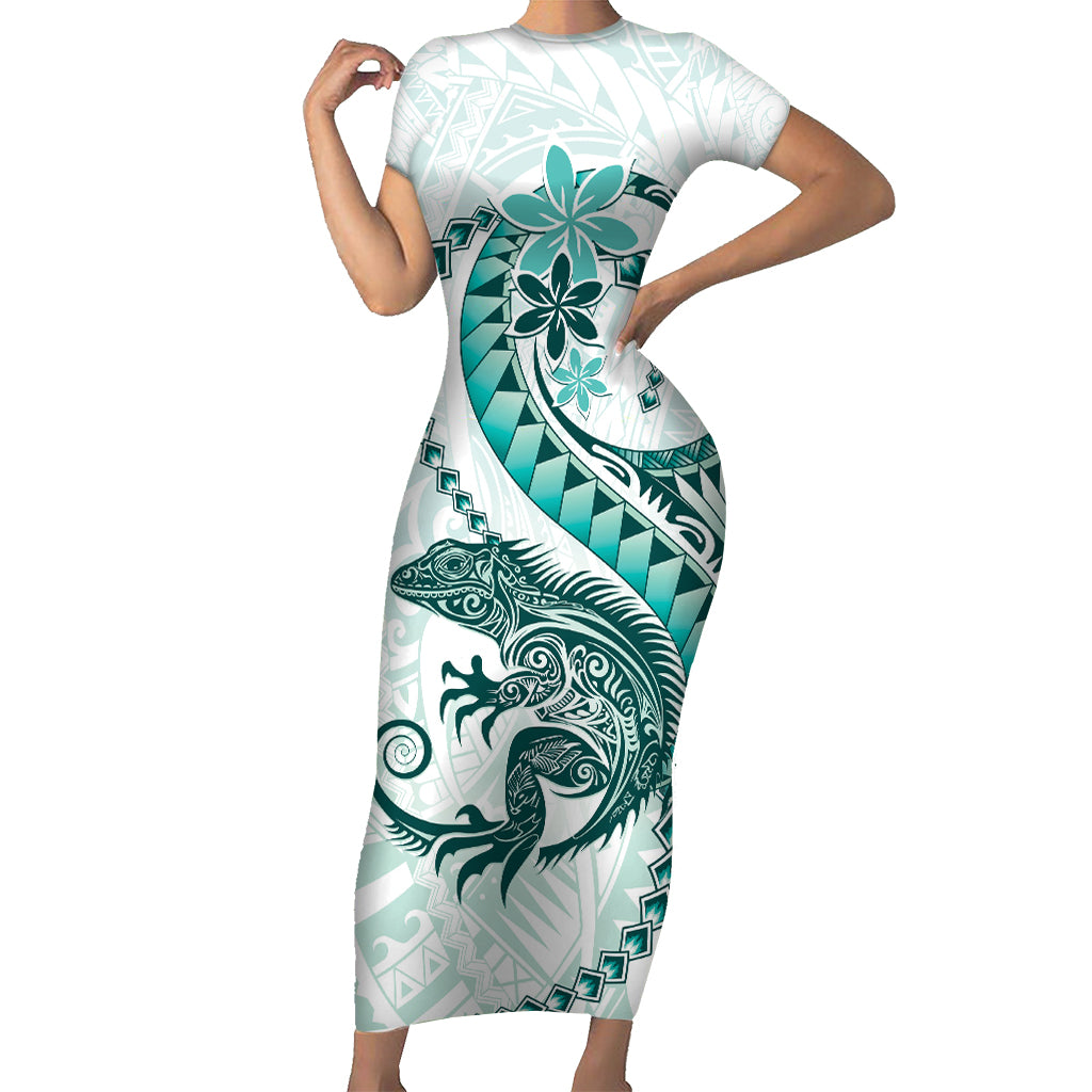 Teal Maori Tuatara Family Matching Short Sleeve Bodycon Dress and Hawaiian Shirt Luxury Pastel Pattern LT01 Mom's Dress Teal - Polynesian Pride
