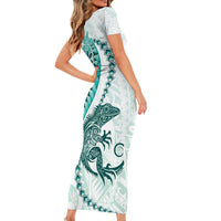 Teal Maori Tuatara Family Matching Short Sleeve Bodycon Dress and Hawaiian Shirt Luxury Pastel Pattern LT01 - Polynesian Pride
