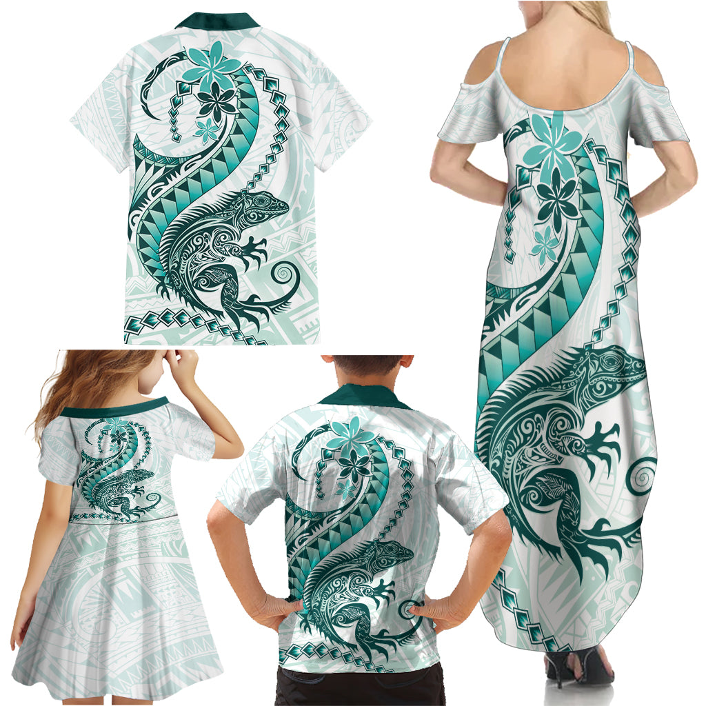 Teal Maori Tuatara Family Matching Summer Maxi Dress and Hawaiian Shirt Luxury Pastel Pattern LT01 - Polynesian Pride