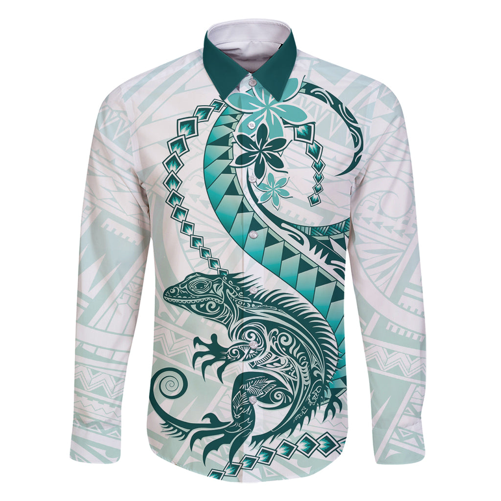 Teal Maori Tuatara Family Matching Summer Maxi Dress and Hawaiian Shirt Luxury Pastel Pattern LT01 Dad's Shirt - Long Sleeve Teal - Polynesian Pride