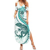 Teal Maori Tuatara Family Matching Summer Maxi Dress and Hawaiian Shirt Luxury Pastel Pattern LT01 Mom's Dress Teal - Polynesian Pride