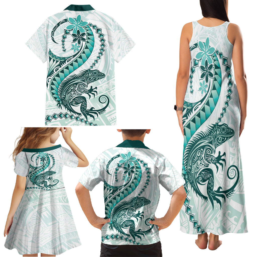 Teal Maori Tuatara Family Matching Tank Maxi Dress and Hawaiian Shirt Luxury Pastel Pattern LT01 - Polynesian Pride