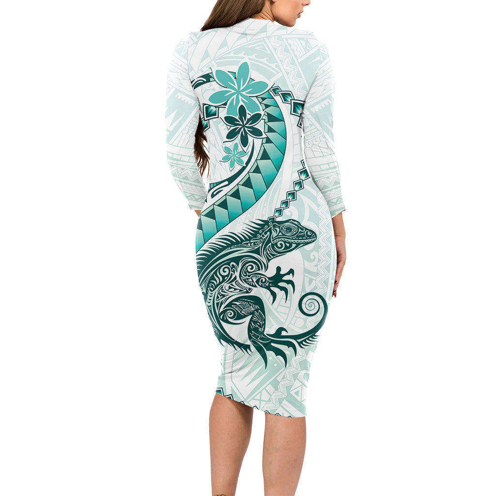Teal Maori Tuatara Long Sleeve Bodycon Dress Luxury Pastel Pattern LT01 - Polynesian Pride