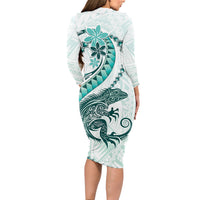 Teal Maori Tuatara Long Sleeve Bodycon Dress Luxury Pastel Pattern LT01 - Polynesian Pride
