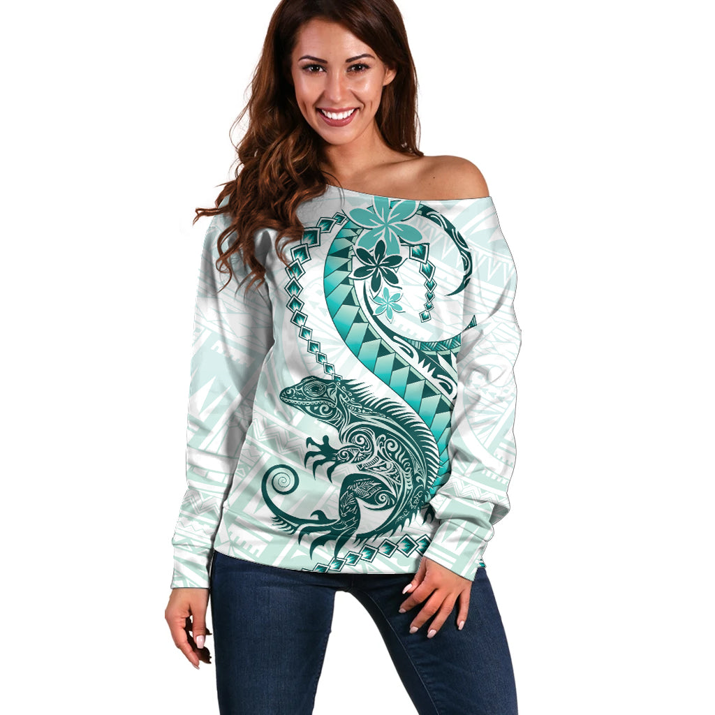 Teal Maori Tuatara Off Shoulder Sweater Luxury Pastel Pattern