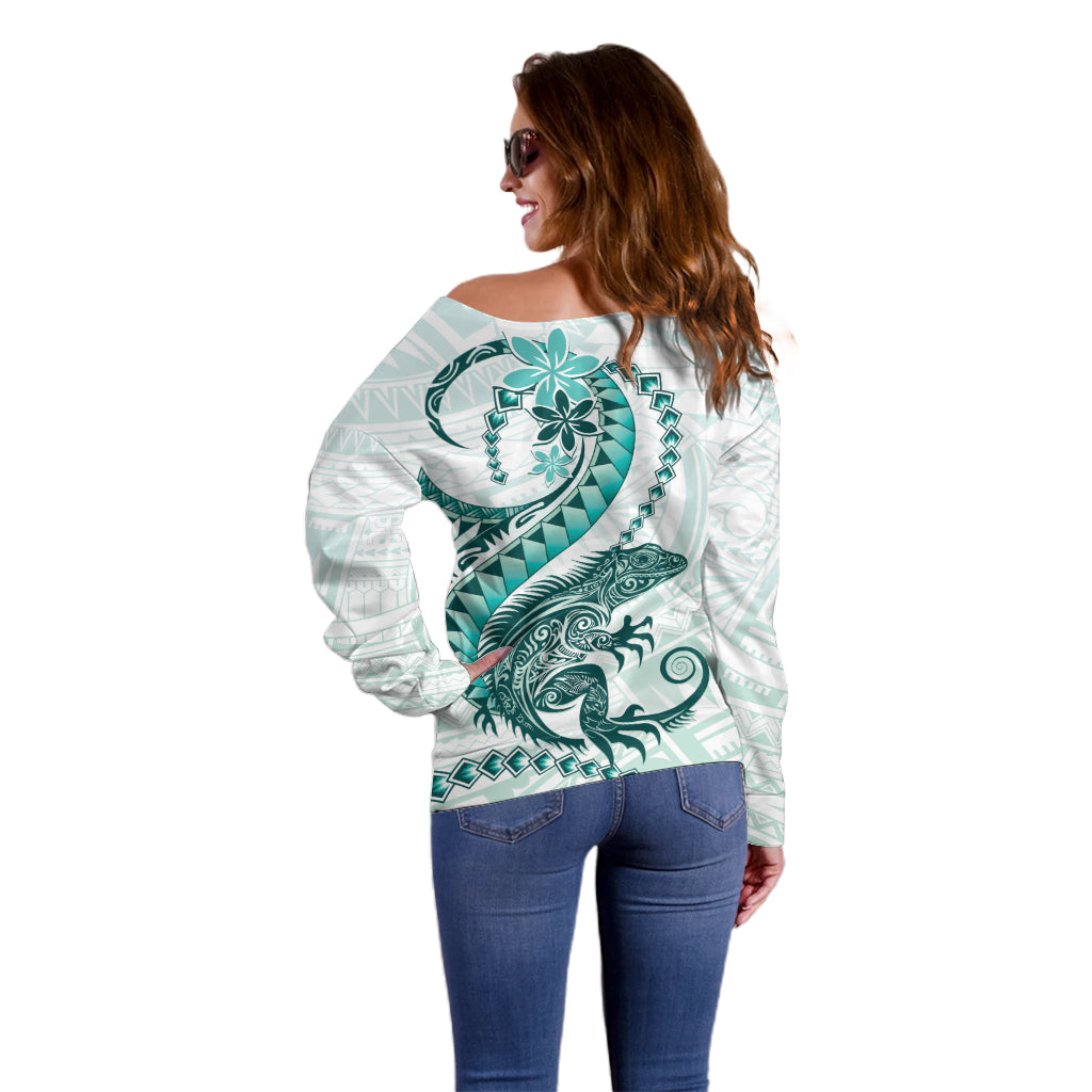 Teal Maori Tuatara Off Shoulder Sweater Luxury Pastel Pattern