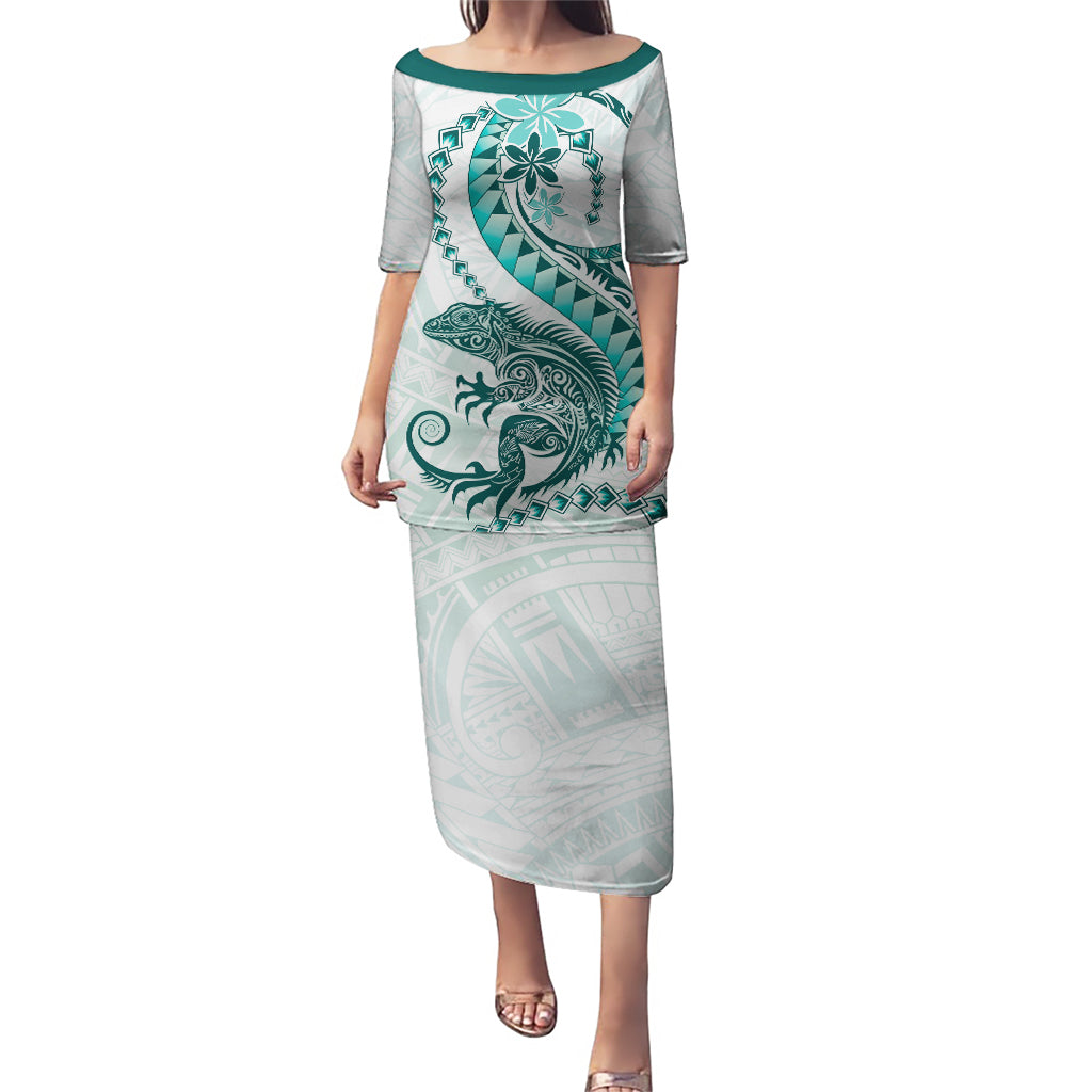 Teal Maori Tuatara Puletasi Luxury Pastel Pattern