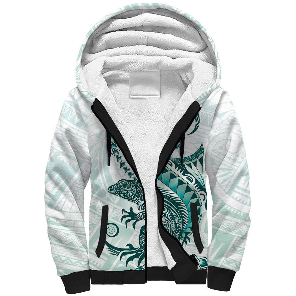 Teal Maori Tuatara Sherpa Hoodie Luxury Pastel Pattern