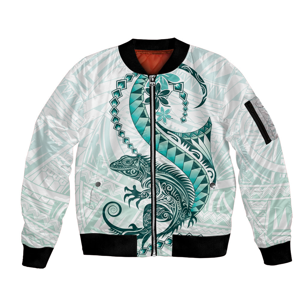 Teal Maori Tuatara Sleeve Zip Bomber Jacket Luxury Pastel Pattern