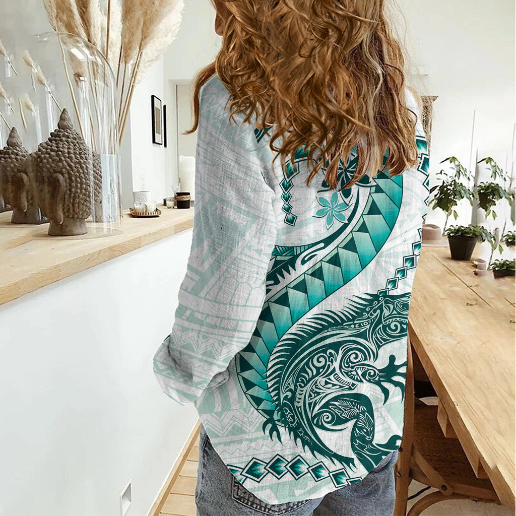 Teal Maori Tuatara Women Casual Shirt Luxury Pastel Pattern LT01 - Polynesian Pride