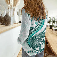 Teal Maori Tuatara Women Casual Shirt Luxury Pastel Pattern LT01 - Polynesian Pride