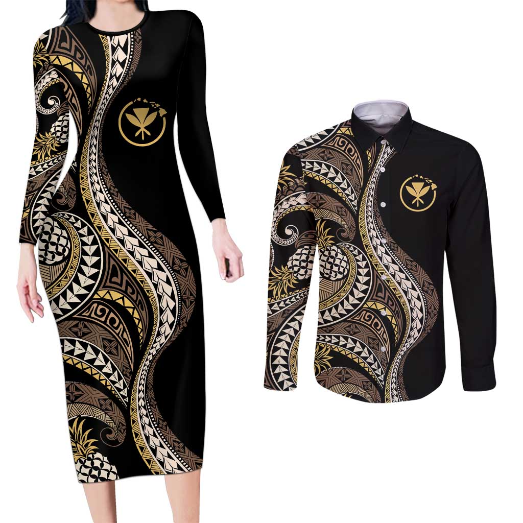 Hawaii Pineapple Brown Tribal Pattern Couples Matching Long Sleeve Bodycon Dress and Long Sleeve Button Shirt - Polynesian Pride