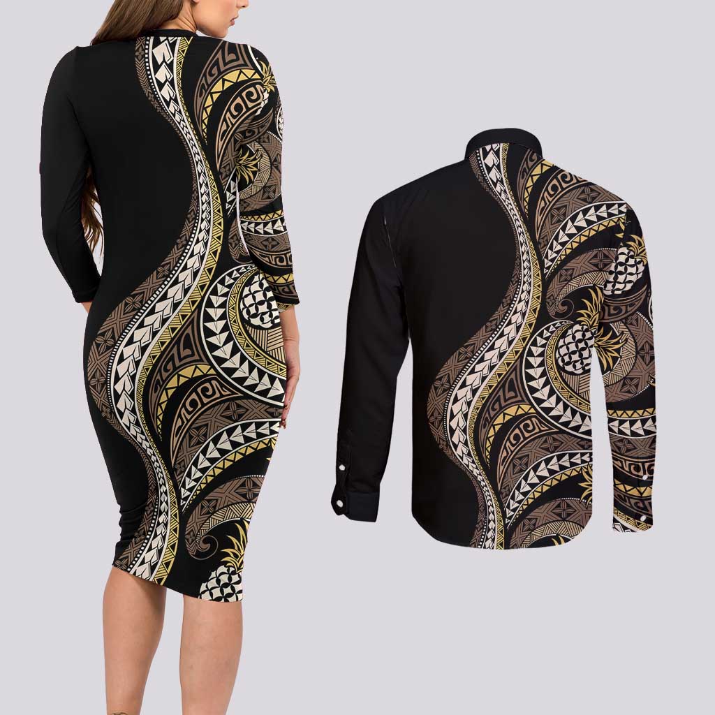 Hawaii Pineapple Brown Tribal Pattern Couples Matching Long Sleeve Bodycon Dress and Long Sleeve Button Shirt - Polynesian Pride