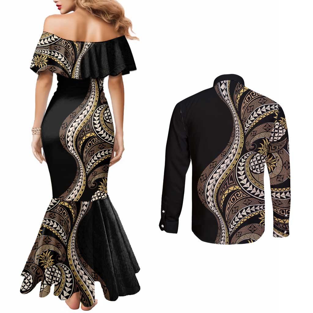 Hawaii Pineapple Brown Tribal Pattern Couples Matching Mermaid Dress and Long Sleeve Button Shirt - Polynesian Pride