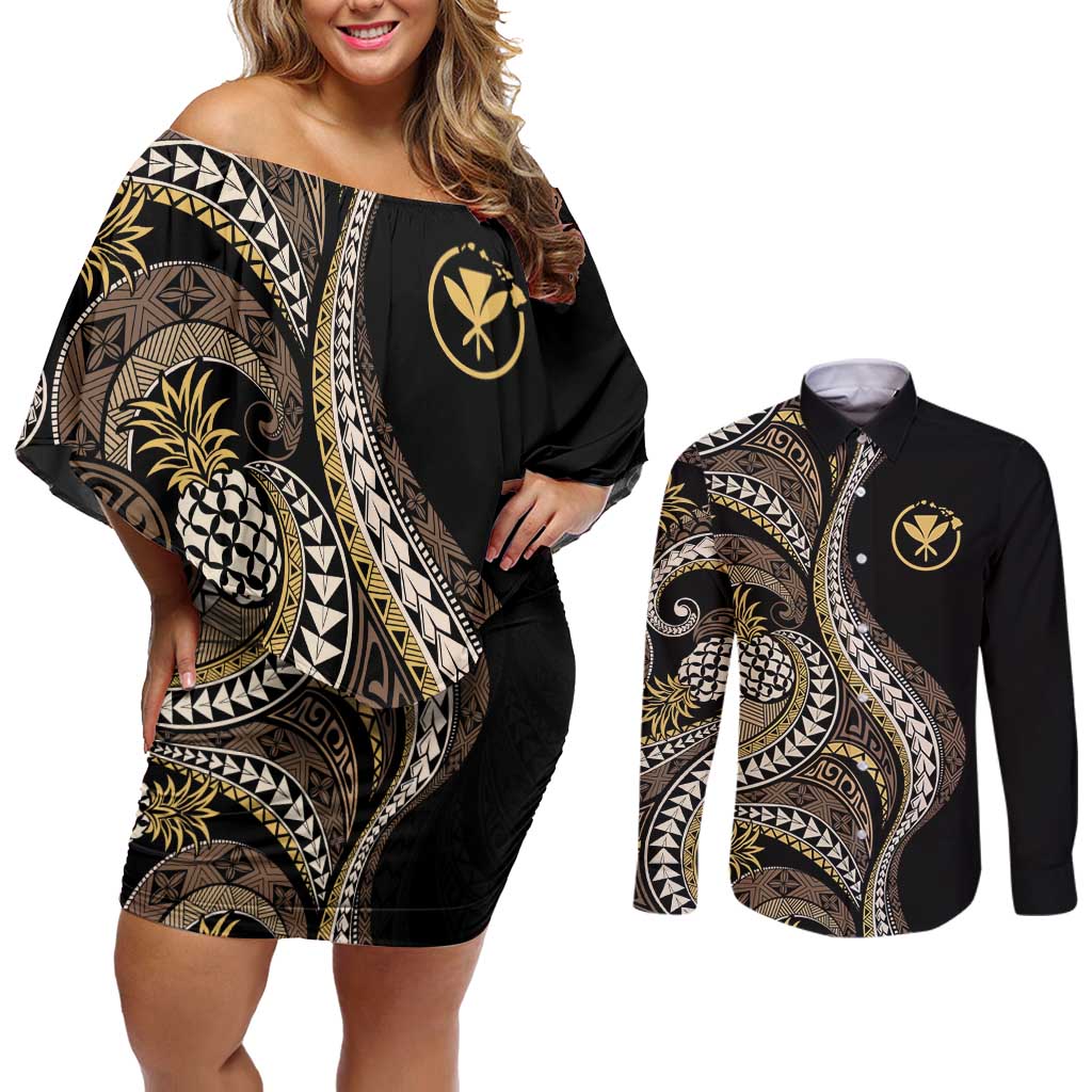 Hawaii Pineapple Brown Tribal Pattern Couples Matching Off Shoulder Short Dress and Long Sleeve Button Shirt - Polynesian Pride