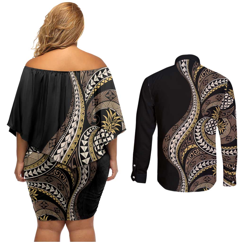 Hawaii Pineapple Brown Tribal Pattern Couples Matching Off Shoulder Short Dress and Long Sleeve Button Shirt - Polynesian Pride
