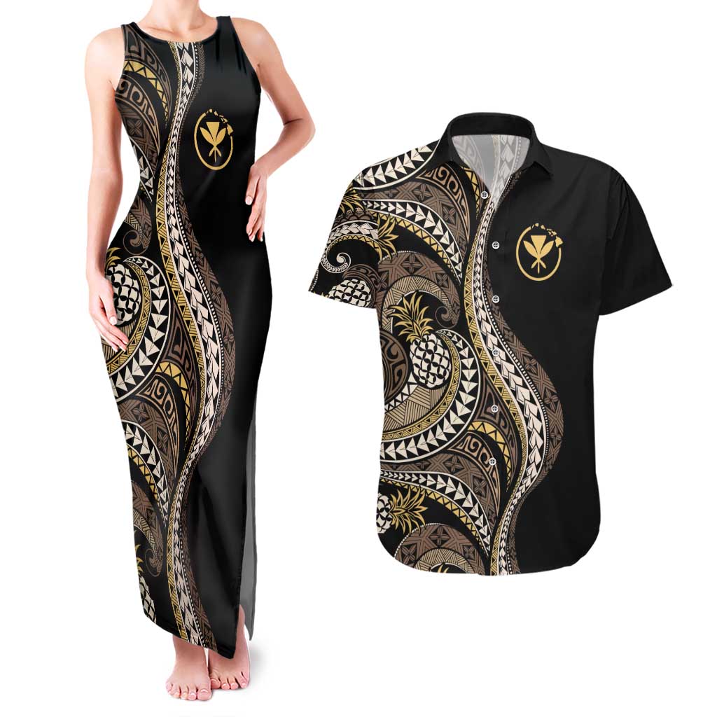 Hawaii Pineapple Brown Tribal Pattern Couples Matching Tank Maxi Dress and Hawaiian Shirt - Polynesian Pride