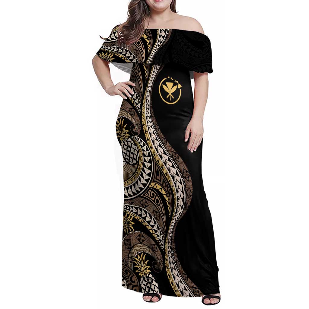 Hawaii Pineapple Brown Tribal Pattern Family Matching Off Shoulder Maxi Dress and Hawaiian Shirt - Polynesian Pride