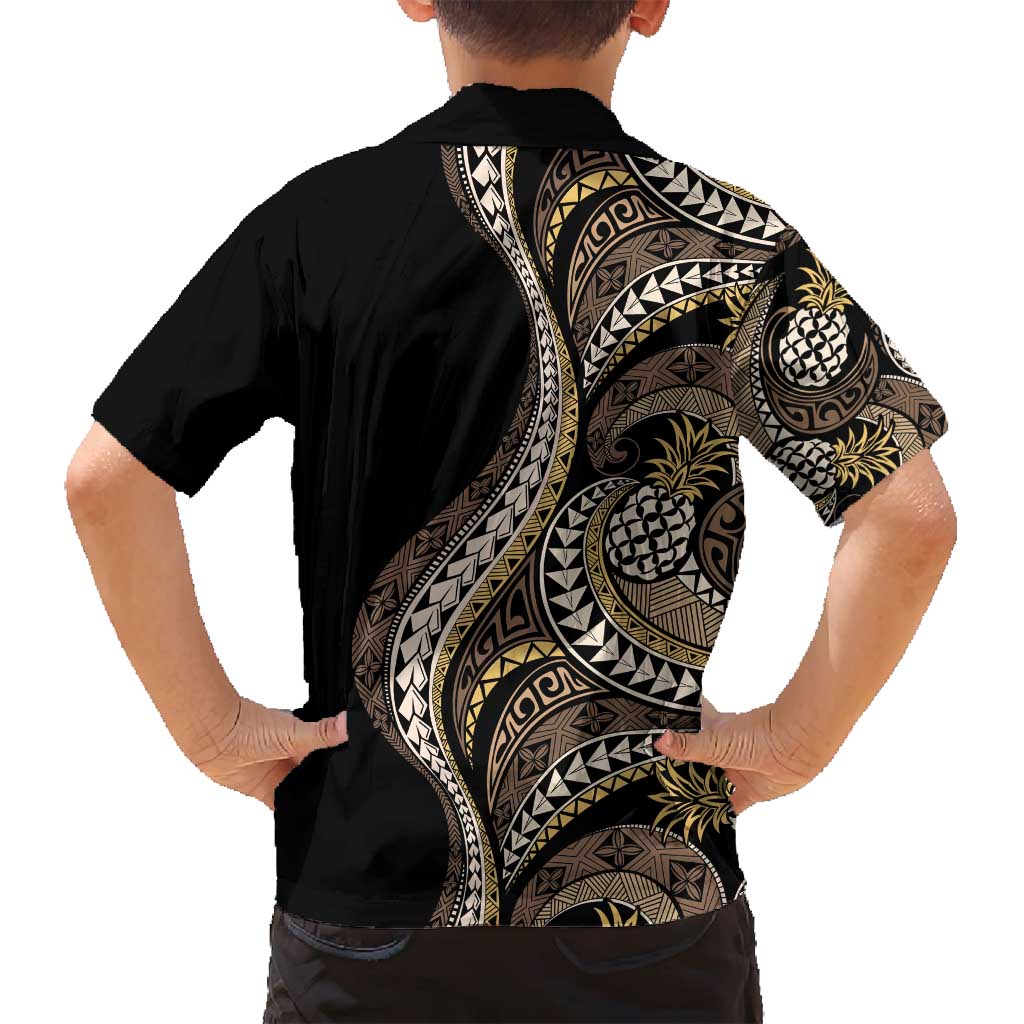 Hawaii Pineapple Brown Tribal Pattern Family Matching Off Shoulder Short Dress and Hawaiian Shirt - Polynesian Pride