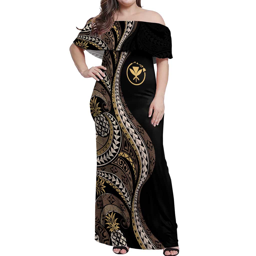 Hawaii Pineapple Brown Tribal Pattern Off Shoulder Maxi Dress - Polynesian Pride