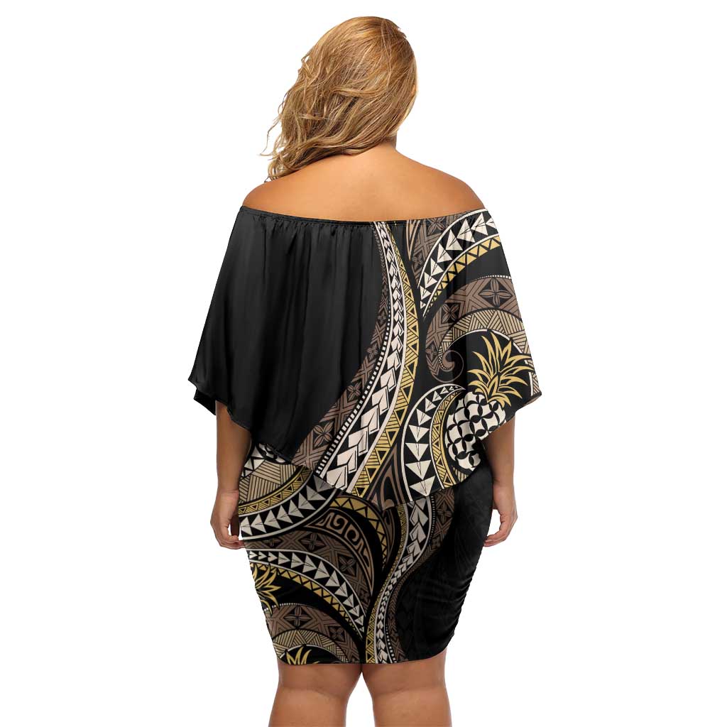 Hawaii Pineapple Brown Tribal Pattern Off Shoulder Short Dress - Polynesian Pride