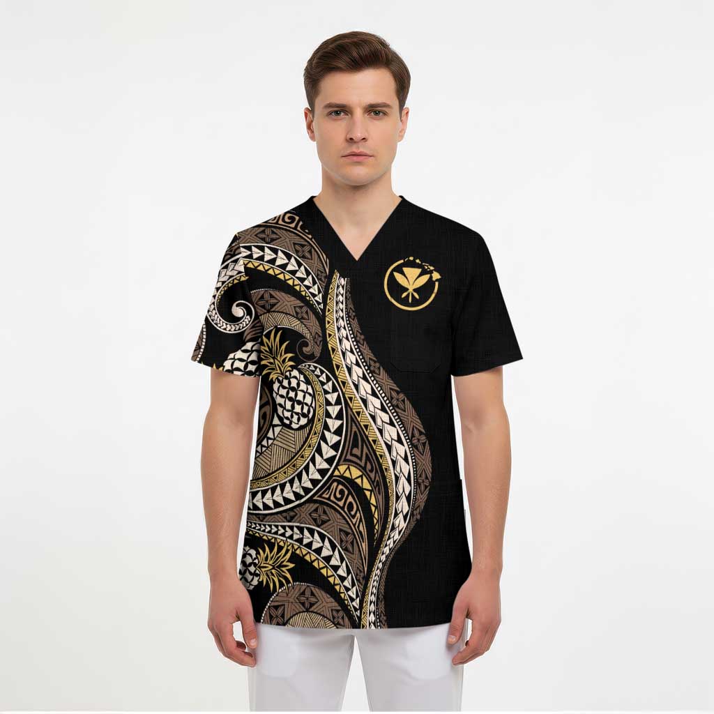 Hawaii Pineapple Brown Tribal Pattern Scrub Top - Polynesian Pride