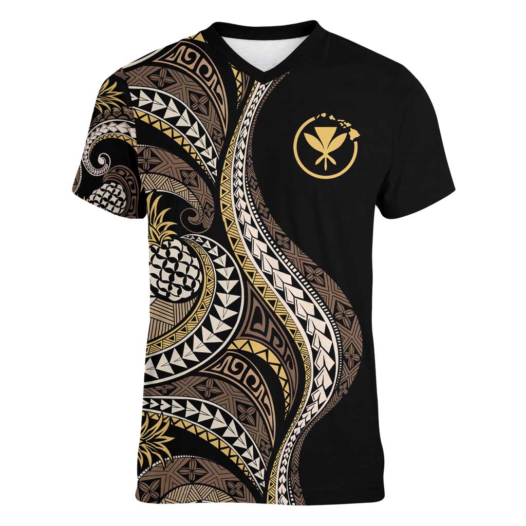Hawaii Pineapple Brown Tribal Pattern Women V-Neck T-Shirt LT01 Female Brown - Polynesian Pride