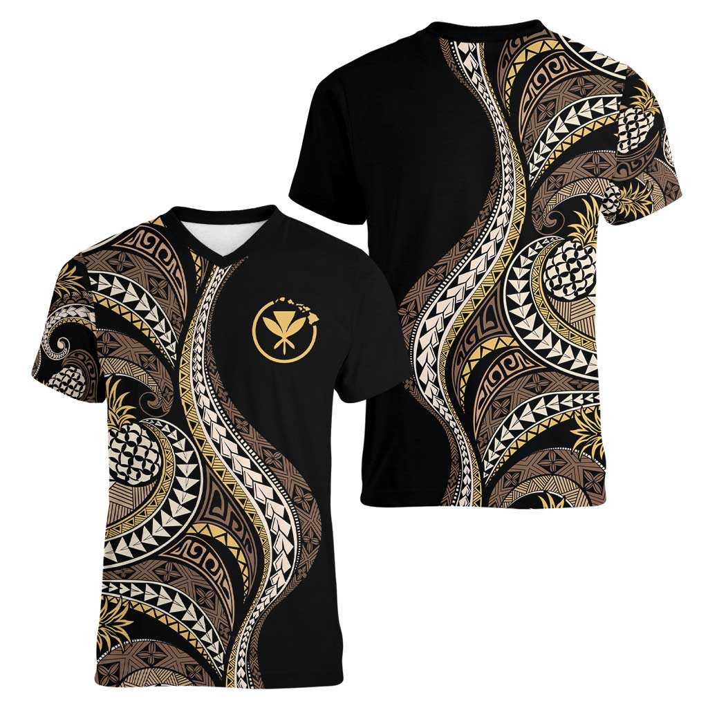 Hawaii Pineapple Brown Tribal Pattern Women V-Neck T-Shirt LT01 - Polynesian Pride