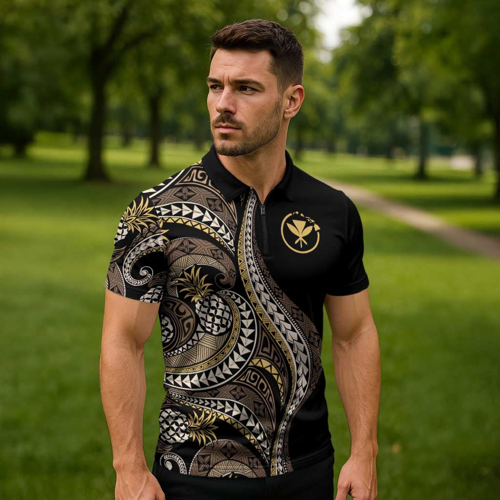 Hawaii Pineapple Brown Tribal Pattern Zipper Polo Shirt - Polynesian Pride