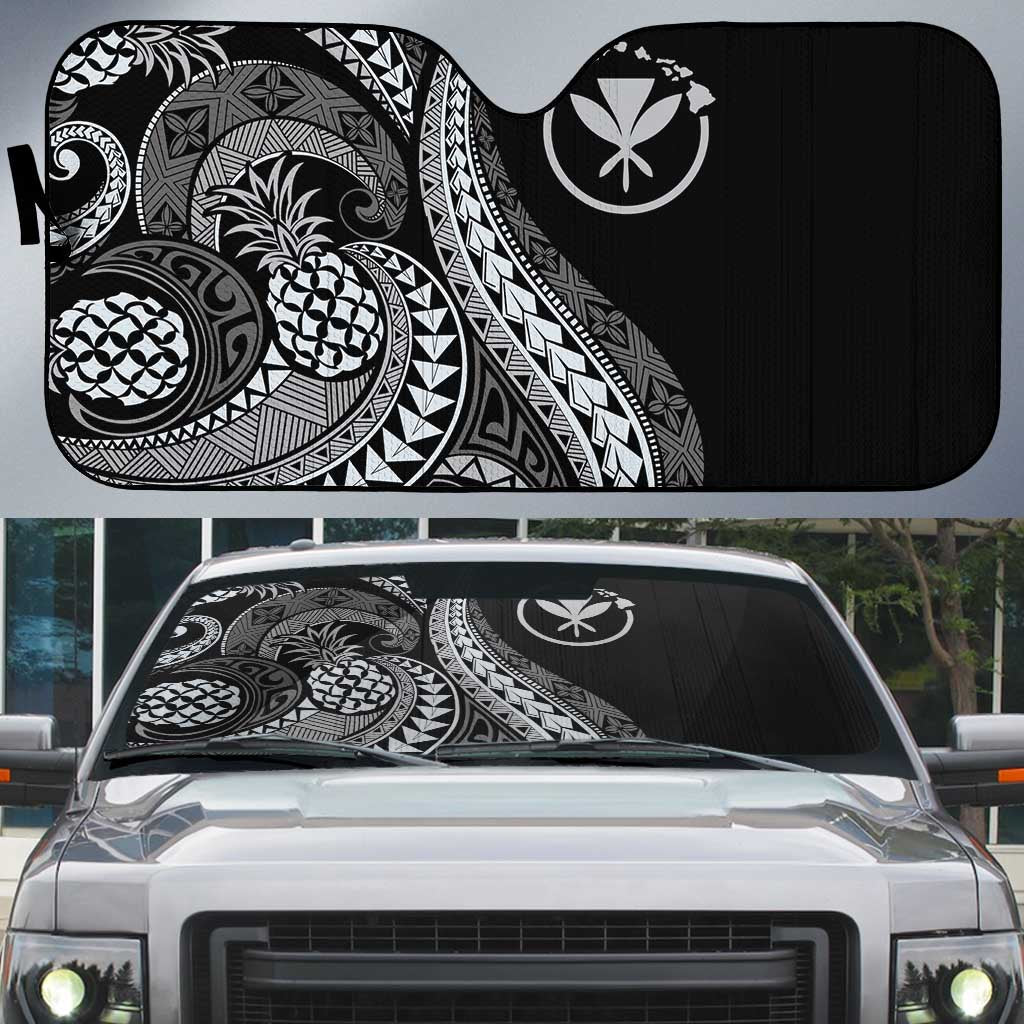 Hawaii Pineapple Gray Scale Tribal Pattern Auto Sun Shade - Polynesian Pride