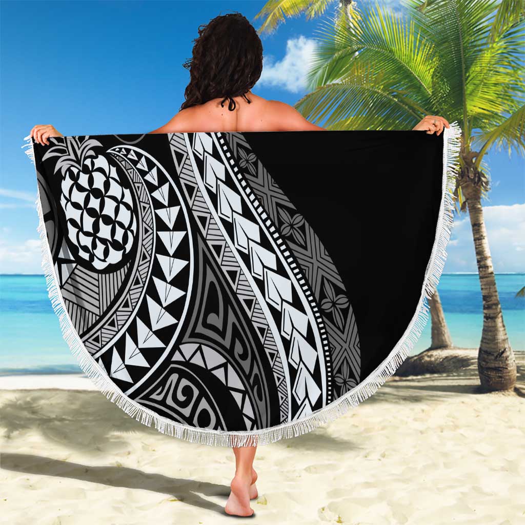 Hawaii Pineapple Gray Scale Tribal Pattern Beach Blanket - Polynesian Pride