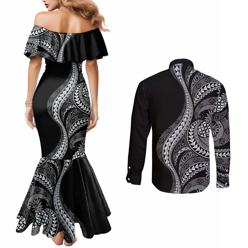 Hawaii Pineapple Gray Scale Tribal Pattern Couples Matching Mermaid Dress and Long Sleeve Button Shirt - Polynesian Pride