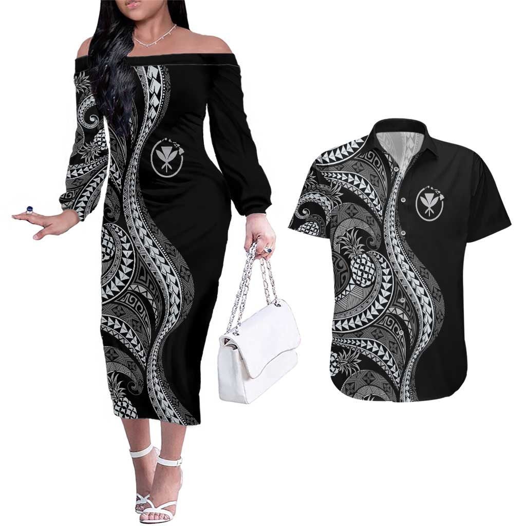 Hawaii Pineapple Gray Scale Tribal Pattern Couples Matching Off The Shoulder Long Sleeve Dress and Hawaiian Shirt - Polynesian Pride